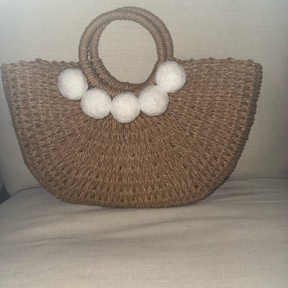 Brown Woven Handbag with White Accents